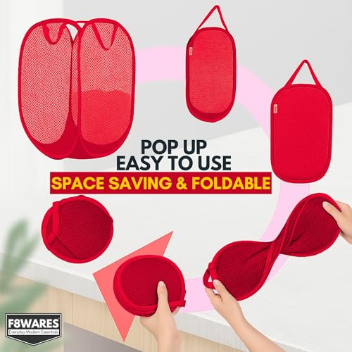F8WARES 2PK 75 Litres Nylon Mesh Foldable Laundry Basket for Clothes - Odourless Breathable Laundry Bag for Clothes with Carry Handles - Kids Toy Baskets For Storage & Dirty Cloth Basket Hamper Red - Image 4