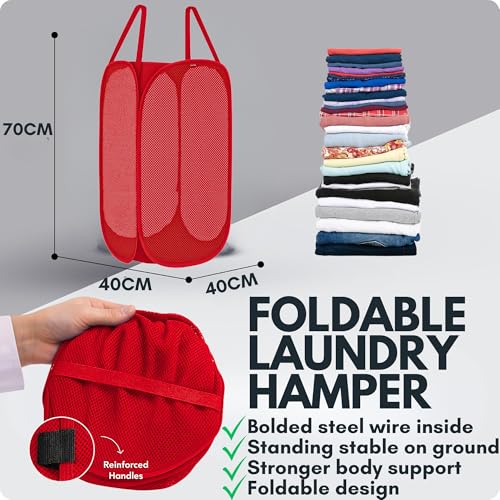 F8WARES 2PK 75 Litres Nylon Mesh Foldable Laundry Basket for Clothes - Odourless Breathable Laundry Bag for Clothes with Carry Handles - Kids Toy Baskets For Storage & Dirty Cloth Basket Hamper Red - Image 2