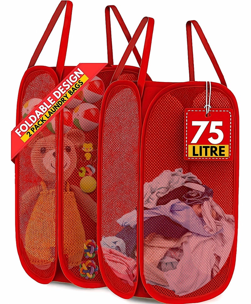 F8WARES 2PK 75 Litres Nylon Mesh Foldable Laundry Basket for Clothes - Odourless Breathable Laundry Bag for Clothes with Carry Handles - Kids Toy Baskets For Storage & Dirty Cloth Basket Hamper Red - Image 1