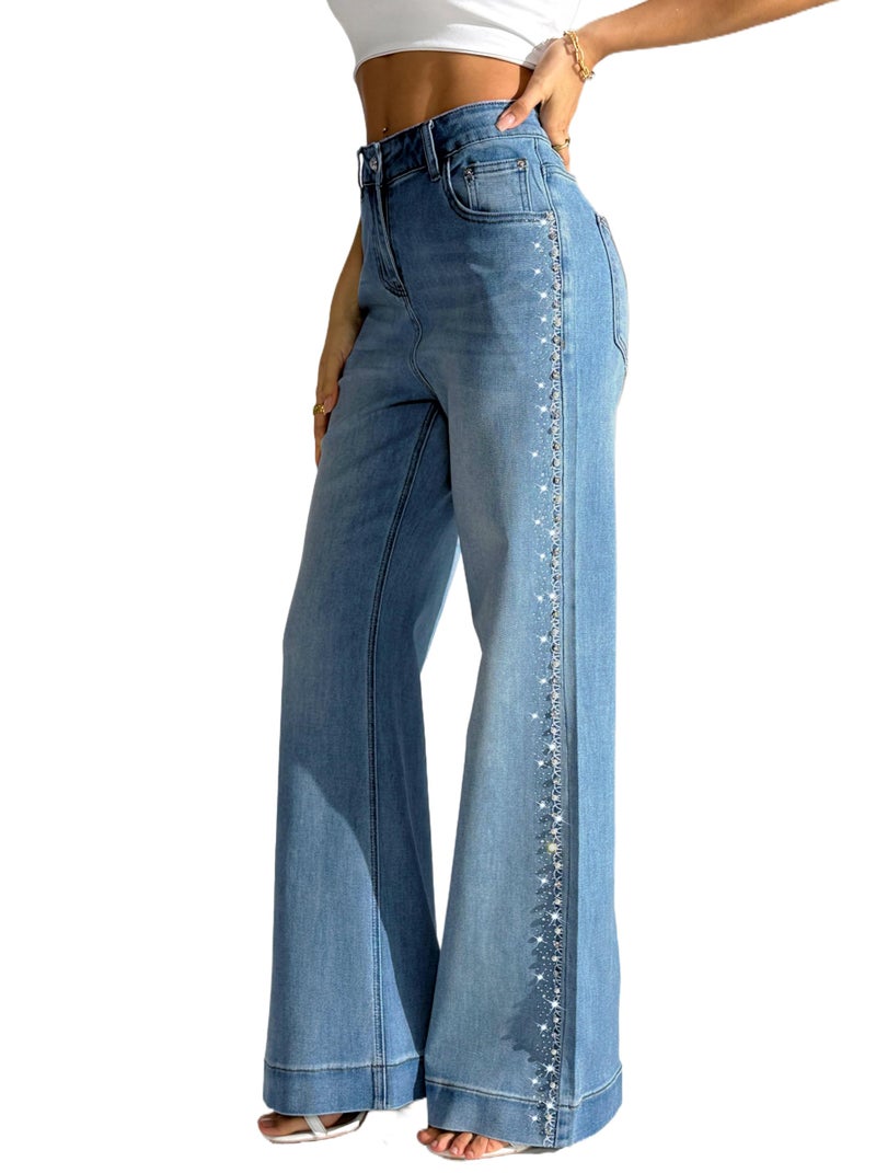 heipeiwa Women's Pearl Rhinestone Jeans Wide Leg Baggy Denim Pants High Waist Sparkle Shiny Sequin Trouser Classic Blue - Image 1