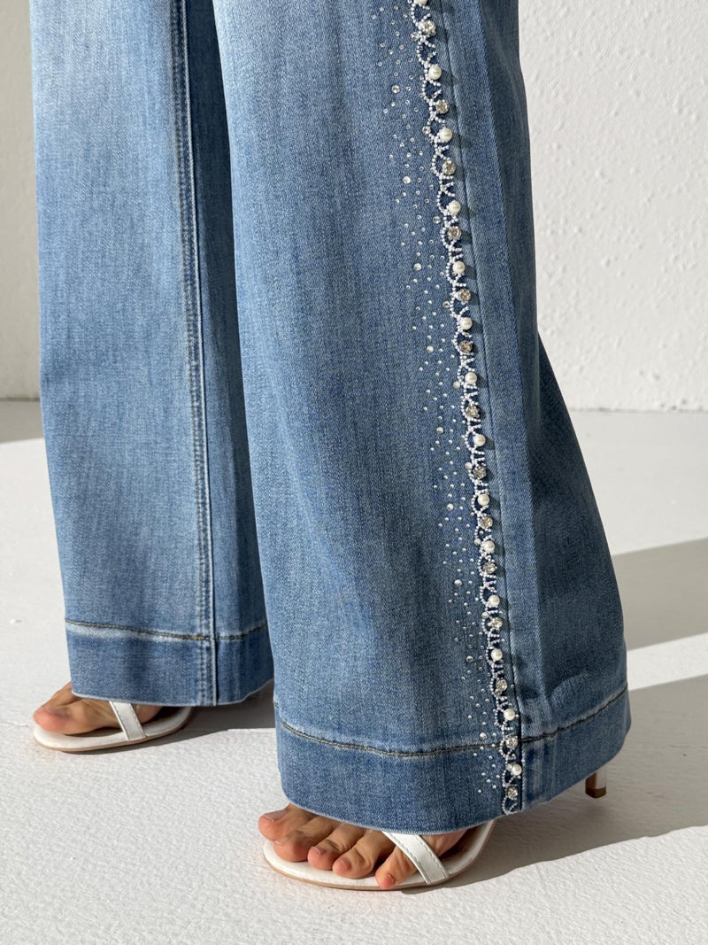 heipeiwa Women's Pearl Rhinestone Jeans Wide Leg Baggy Denim Pants High Waist Sparkle Shiny Sequin Trouser Classic Blue - Image 5