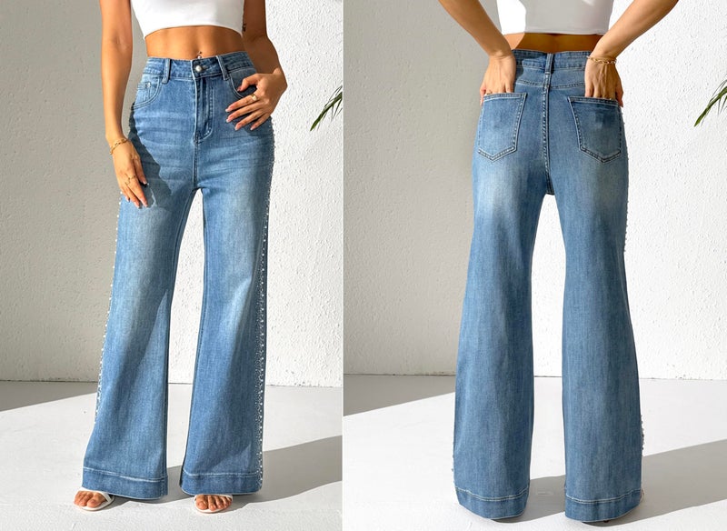 heipeiwa Women's Pearl Rhinestone Jeans Wide Leg Baggy Denim Pants High Waist Sparkle Shiny Sequin Trouser Classic Blue - Image 4