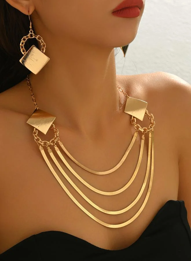 تايك تو طقم من عقد وأقراط ذهبية بطبقات بتصميم هندسي