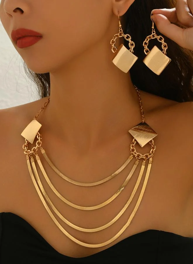 Take Two  Gold Geometric Layered Necklace and Earrings Set for Women | Best Price UAE