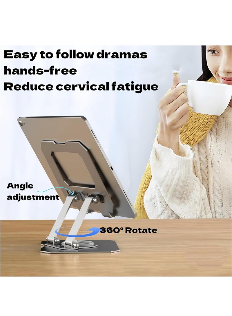 Tablet Holder for Desk, 360 Degree Rotating Base, Foldable and Adjustable Tablet Stand, Tablet Holder for Desk, Compatible with 5-12 inch Cell Phone, Notebook, Silver  - Image 4