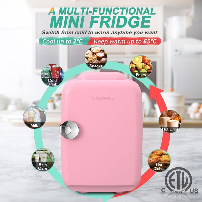 Crownful Mini Fridge, 4 Liter/6 Can Portable Cooler and Warmer Personal Refrigerator for Skin Care, Cosmetics, Beverage, Food,Great for Bedroom, Office, Car, Dorm, ETL Listed (Pink) - Image 3