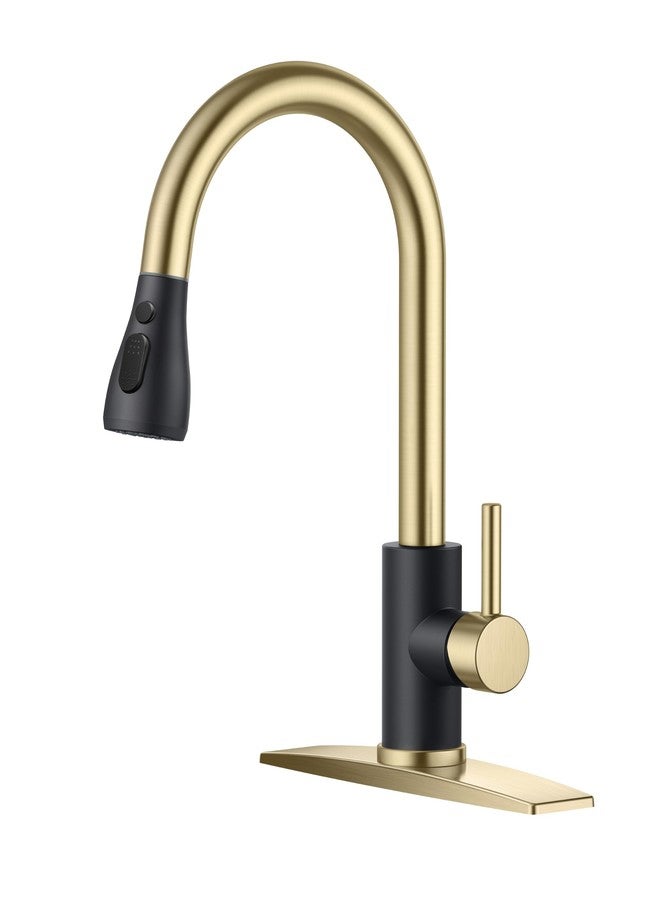 FORIOUS Kitchen Faucet with Pull Down Sprayer, Kitchen Sink Faucet with Deck Plate, High Arc Single Handle Kitchen Faucets, Commercial Industrial Stainless Steel Faucet for Sink 3 Hole, Black Gold - Image 1