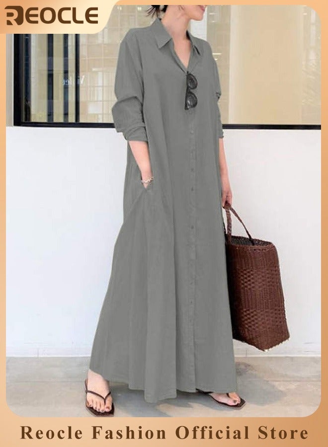 ريوكل فستان قميص نسائي بقصّة فضفاضة أساسية وأكمام طويلة بلون سادة فستان طويل بسيط غير رسمي فستان نحيف مع جيوب - Image 1