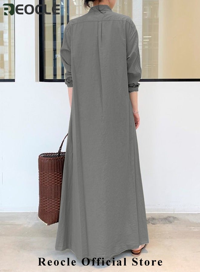 ريوكل فستان قميص نسائي بقصّة فضفاضة أساسية وأكمام طويلة بلون سادة فستان طويل بسيط غير رسمي فستان نحيف مع جيوب - Image 2