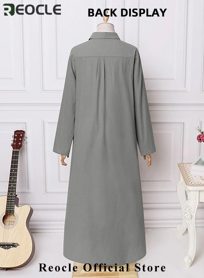 ريوكل فستان قميص نسائي بقصّة فضفاضة أساسية وأكمام طويلة بلون سادة فستان طويل بسيط غير رسمي فستان نحيف مع جيوب - Image 5