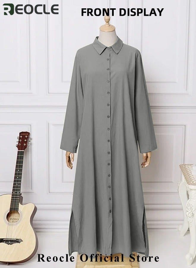 ريوكل فستان قميص نسائي بقصّة فضفاضة أساسية وأكمام طويلة بلون سادة فستان طويل بسيط غير رسمي فستان نحيف مع جيوب - Image 4