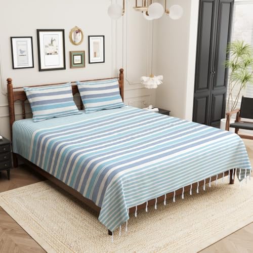 Värde 210 TC Cotton Double Bedsheet with 2 Pillow Cover | Handloom Bedsheets for Double Bed | Handmade Bedsheet | Warm Double Bedsheet for Winter | Breathable Size 90X100 Inches (Blue Angel) - Image 1