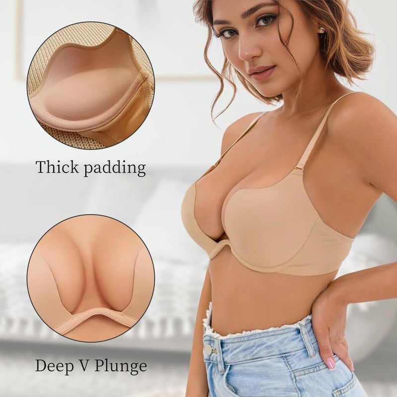 Sexy Code 1701 Womens Low Plunge Push Up Bra with Clear Straps Low Cut Convertible Underwire Padded Cleavage Bra - Image 2