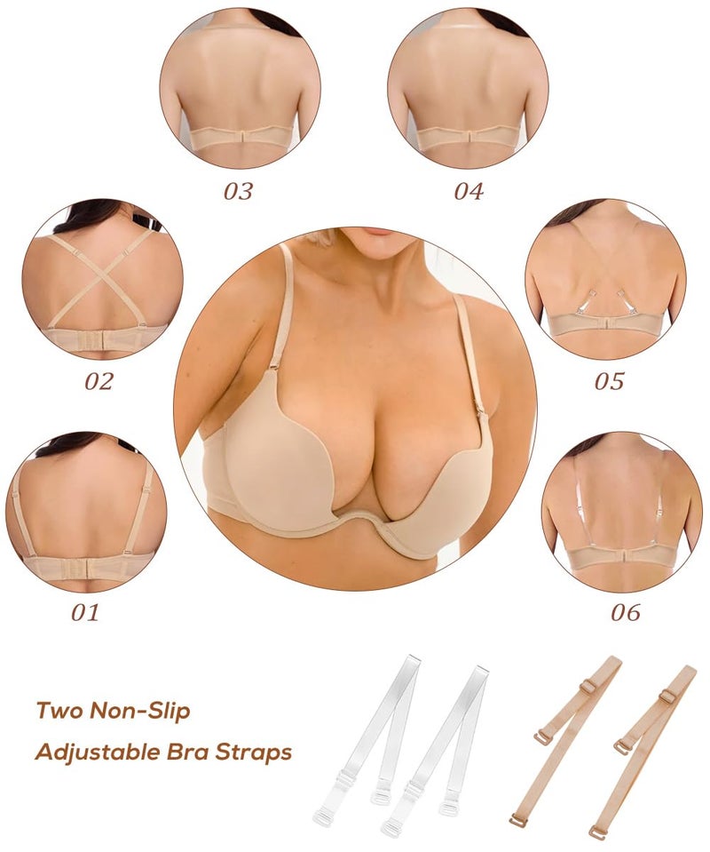 Sexy Code 1701 Womens Low Plunge Push Up Bra with Clear Straps Low Cut Convertible Underwire Padded Cleavage Bra - Image 3