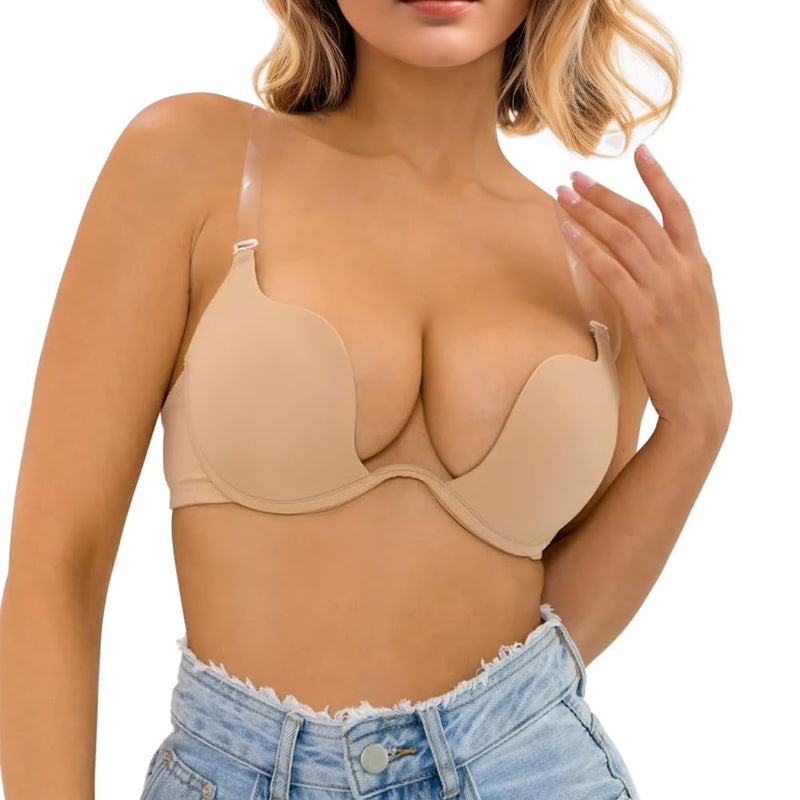 Sexy Code 1701 Womens Low Plunge Push Up Bra with Clear Straps Low Cut Convertible Underwire Padded Cleavage Bra - Image 1