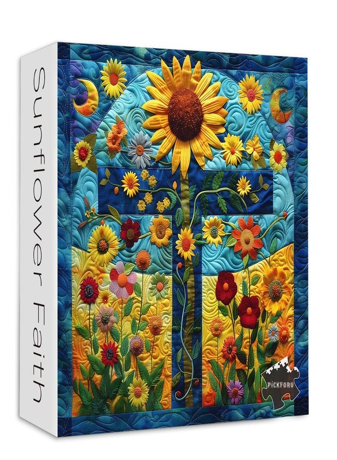 PICKFORU Cross Puzzles for Adults 1000 Pieces, Colorful Sunflower Puzzle Wildflower Patch, Challenging Christian Religious Theme as Wall Decor - Image 1
