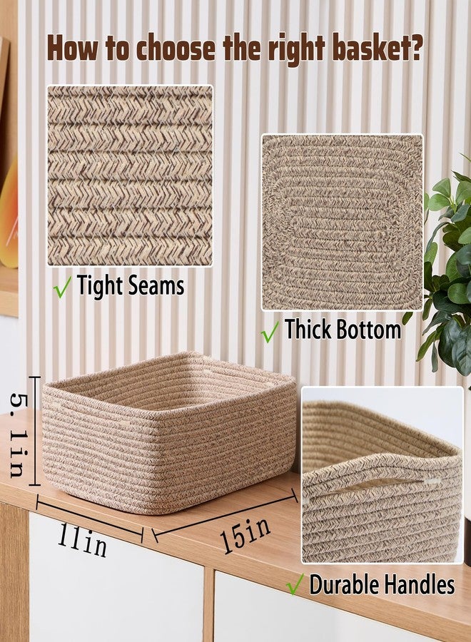 MiniArk Large Shallow Organizing Baskets 15x11x5.1 Inches - Rope Woven Storage Bins for Bathroom, Shelves, Cube Closet, Mixed Brown 2 Packs - Image 2