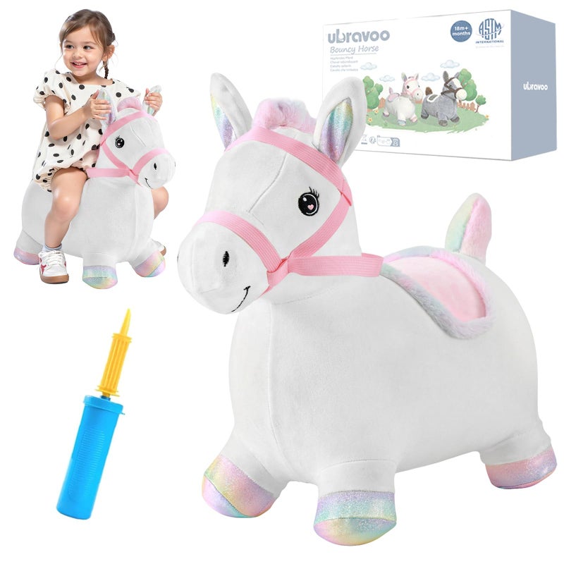 UBRAVOO Hopper Toy 2 Year Old Boy Toddler Plush Bounce Animals Ride on Bouncing Plush Inflatable Horse Outdoor Indoor Hopping Horse Bouncer Birthday Gifts for 18m 5 Years Old Kid White - Image 3