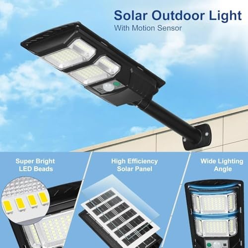 XERGY 50W Solar LED Street Light with Remote – 96 LEDs, Motion Sensor, Dusk to Dawn Sensor, IP67 Waterproof, 3W Solar Panel, 2000mAh Battery – Outdoor Lighting for Garden, Yard, Driveway, Garage - Image 5