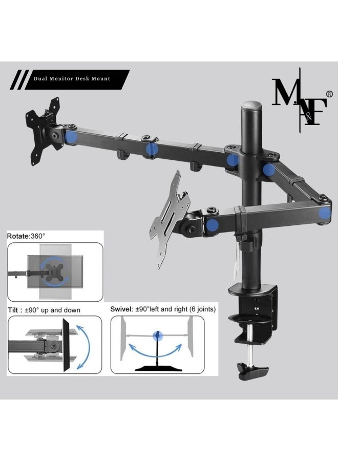 M.A&F's Dual Monitor Desk Mount, Max 32 Inch up to 17.6lbs, Fully Adjustable Dual Monitor Arm for 2 LCD Screens, Dual Monitor Stand with C-Clamp and Grommet Base - Image 1