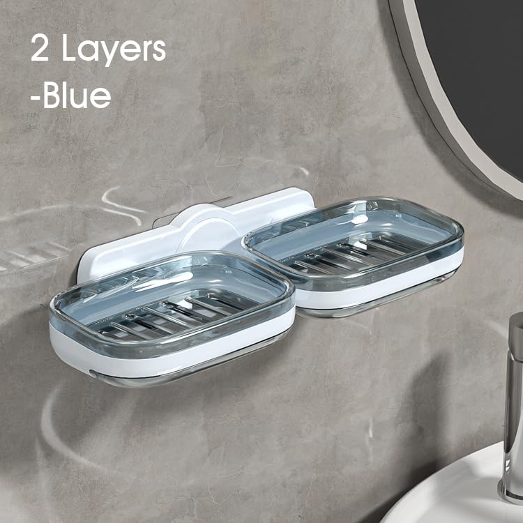 Tyzag Soap Holder for Bathroom, Soap Dish Holder, Soap Stand for Bathroom, Wall Mounted stickable self Adhesive Soap Case for Bathroom (White & Blue, Double Dish) - Image 4
