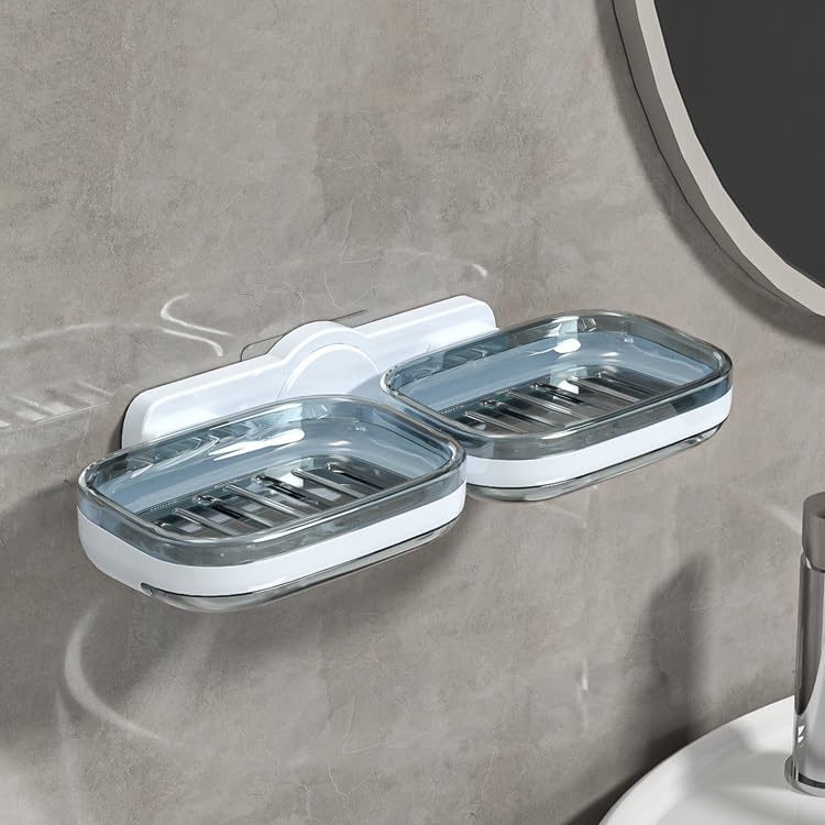 Tyzag Soap Holder for Bathroom, Soap Dish Holder, Soap Stand for Bathroom, Wall Mounted stickable self Adhesive Soap Case for Bathroom (White & Blue, Double Dish) - Image 1