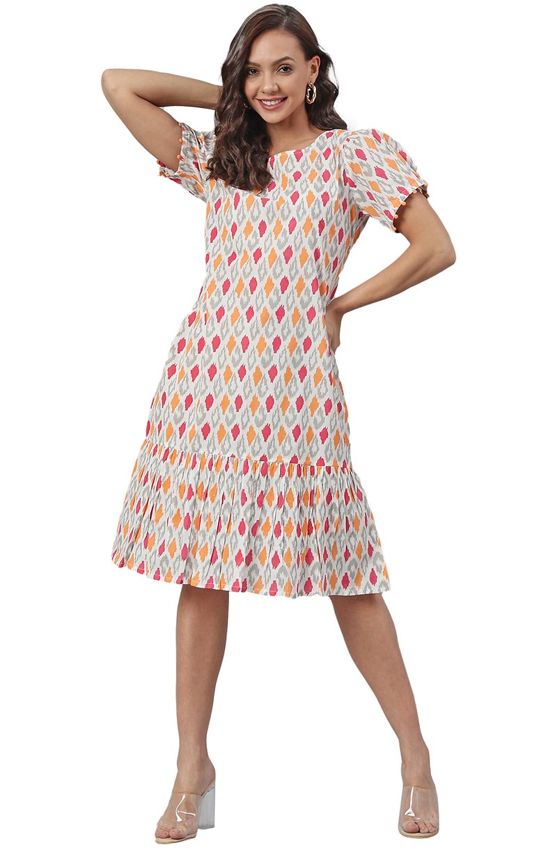Janasya Women's Off White Cotton Printed A-line Western Dress(JNE3905-DR-S) - Image 1