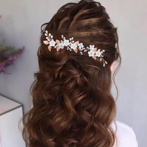 Casdre Flower Bridal Hair Pins Pearl Bride Wedding Hair Accessories Rhinestone Hair Piece for Women and Girls(Pack of 3) (C Rose Gold) - Image 2