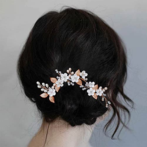 Casdre Flower Bridal Hair Pins Pearl Bride Wedding Hair Accessories Rhinestone Hair Piece for Women and Girls(Pack of 3) (C Rose Gold) - Image 4