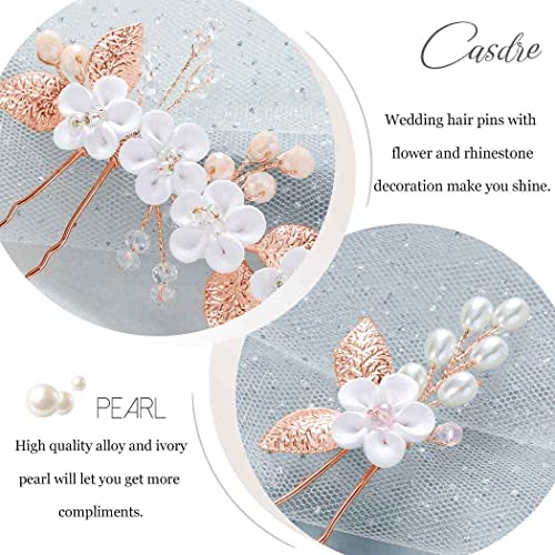 Casdre Flower Bridal Hair Pins Pearl Bride Wedding Hair Accessories Rhinestone Hair Piece for Women and Girls(Pack of 3) (C Rose Gold) - Image 3