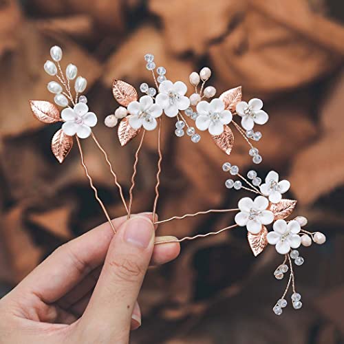 Casdre Flower Bridal Hair Pins Pearl Bride Wedding Hair Accessories Rhinestone Hair Piece for Women and Girls(Pack of 3) (C Rose Gold) - Image 1