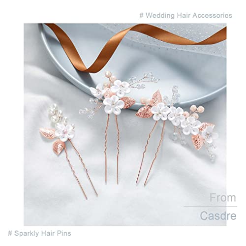 Casdre Flower Bridal Hair Pins Pearl Bride Wedding Hair Accessories Rhinestone Hair Piece for Women and Girls(Pack of 3) (C Rose Gold) - Image 5