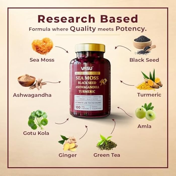 Vasu كبسولات فاسو موس البحر - 100 عدداً - موس البحر وزيت بذور الكمون الأسود وأشواغاندا زنجبيل، كبسولات موس البحر الأيرلندية للقدرة، القوة، التحمل - حبوب موس البحر للرجال والنساء - Image 2