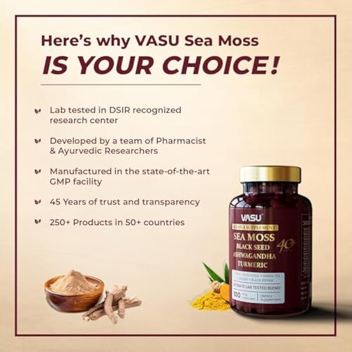 Vasu كبسولات فاسو موس البحر - 100 عدداً - موس البحر وزيت بذور الكمون الأسود وأشواغاندا زنجبيل، كبسولات موس البحر الأيرلندية للقدرة، القوة، التحمل - حبوب موس البحر للرجال والنساء - Image 4