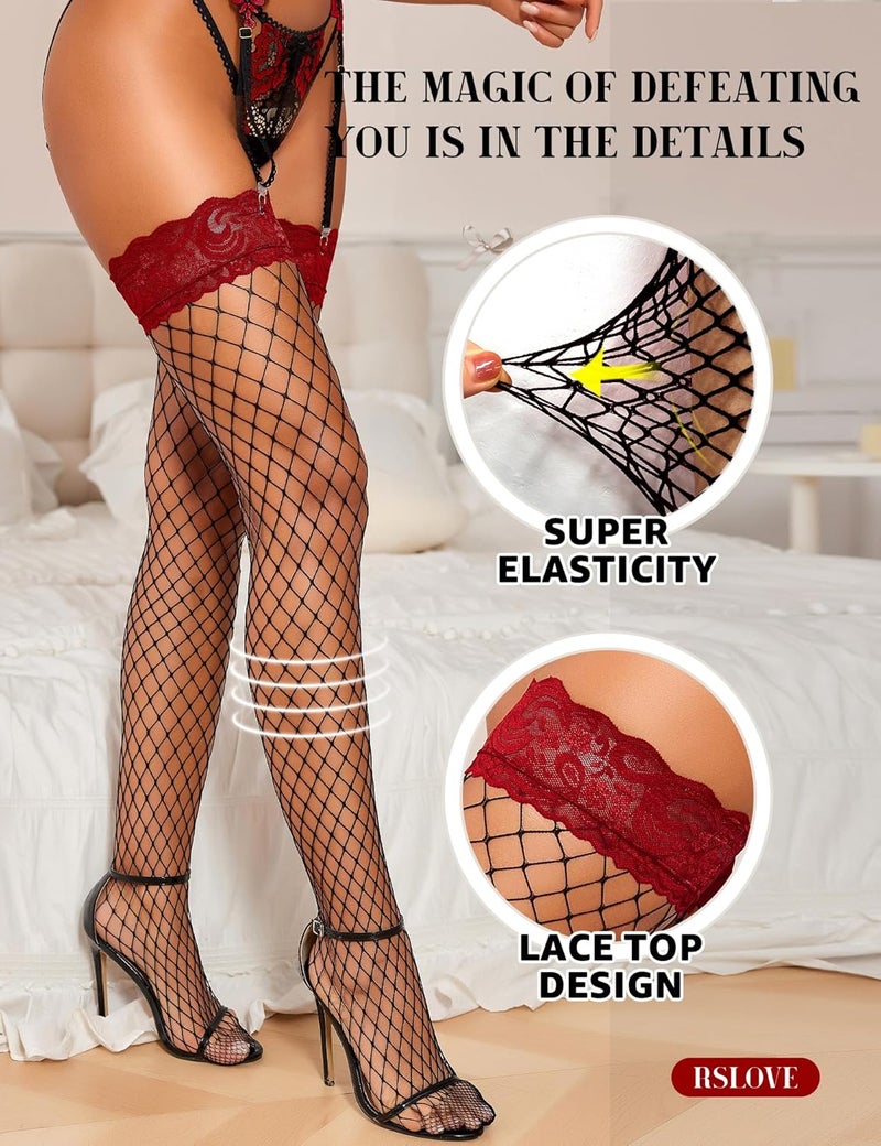 RSLOVE Women's Lace Top Fishnet Thigh-High Stockings with Antiskid Silicone Sexy Stay Up Tights Pantyhose - Image 3