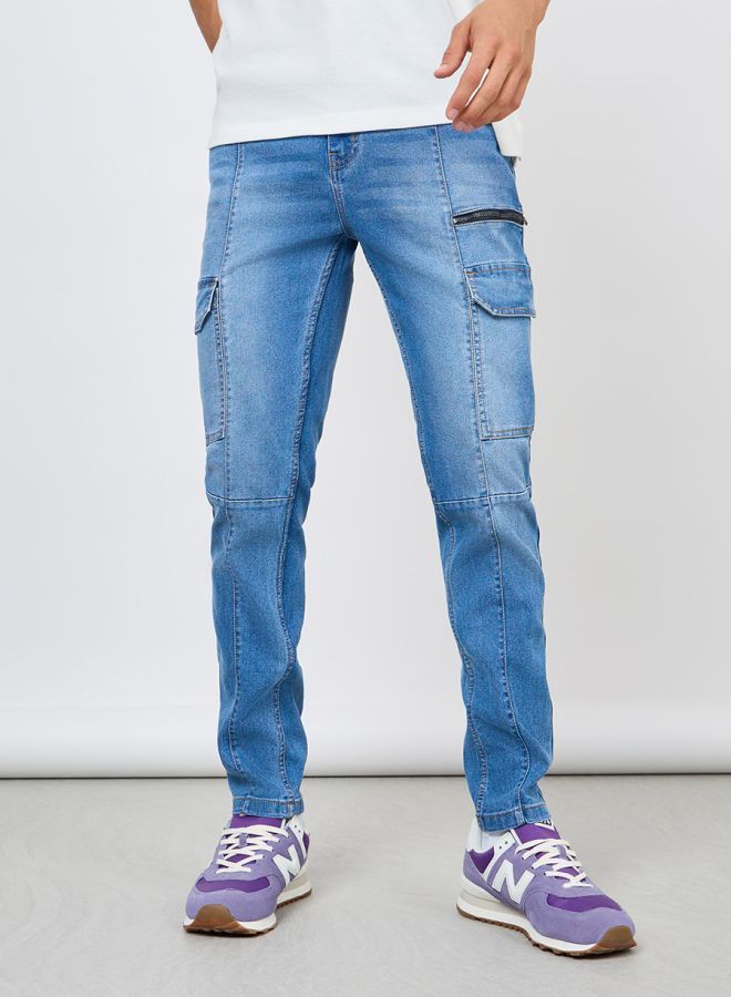 Styli Slim Fit Cargo Jeans with Panel Detail - Image 1