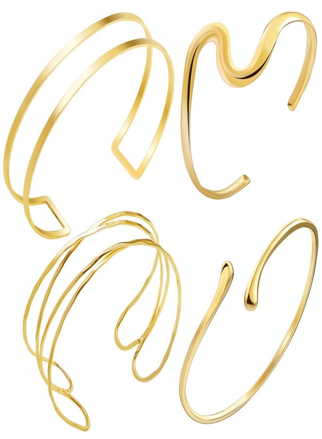 RechicGu 4 Pcs Minimalist Golden Color Arm Cuff Upper Arm Jewelry for Women Adjustable Upper Arms Cuff Bracelet Bangle Stackable Coil Armband Jewelry Set for Women Boho Summer Beach Party Golden B - Image 1