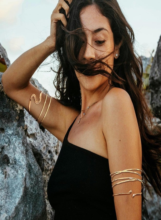 RechicGu 4 Pcs Minimalist Golden Color Arm Cuff Upper Arm Jewelry for Women Adjustable Upper Arms Cuff Bracelet Bangle Stackable Coil Armband Jewelry Set for Women Boho Summer Beach Party Golden B - Image 4