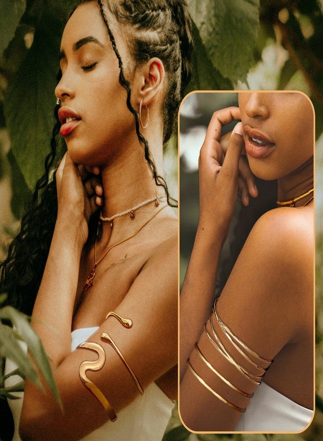 RechicGu 4 Pcs Minimalist Golden Color Arm Cuff Upper Arm Jewelry for Women Adjustable Upper Arms Cuff Bracelet Bangle Stackable Coil Armband Jewelry Set for Women Boho Summer Beach Party Golden B - Image 2