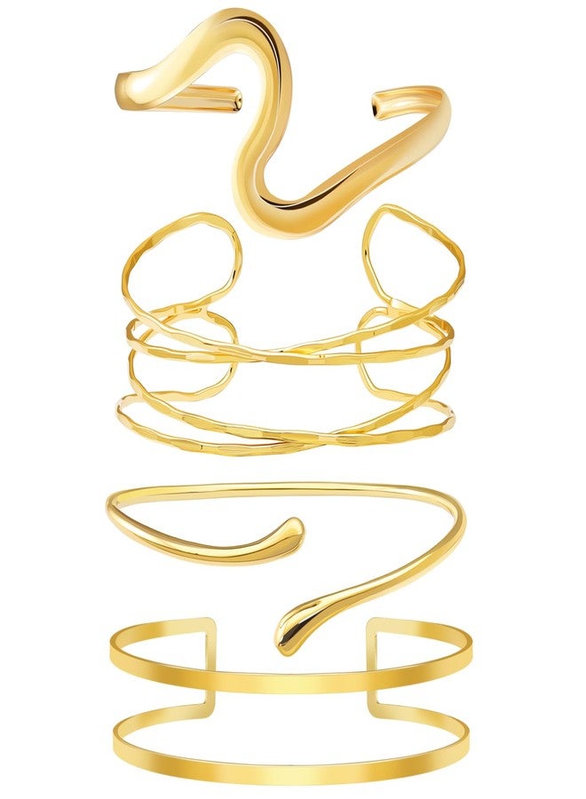 RechicGu 4 Pcs Minimalist Golden Color Arm Cuff Upper Arm Jewelry for Women Adjustable Upper Arms Cuff Bracelet Bangle Stackable Coil Armband Jewelry Set for Women Boho Summer Beach Party Golden B - Image 5