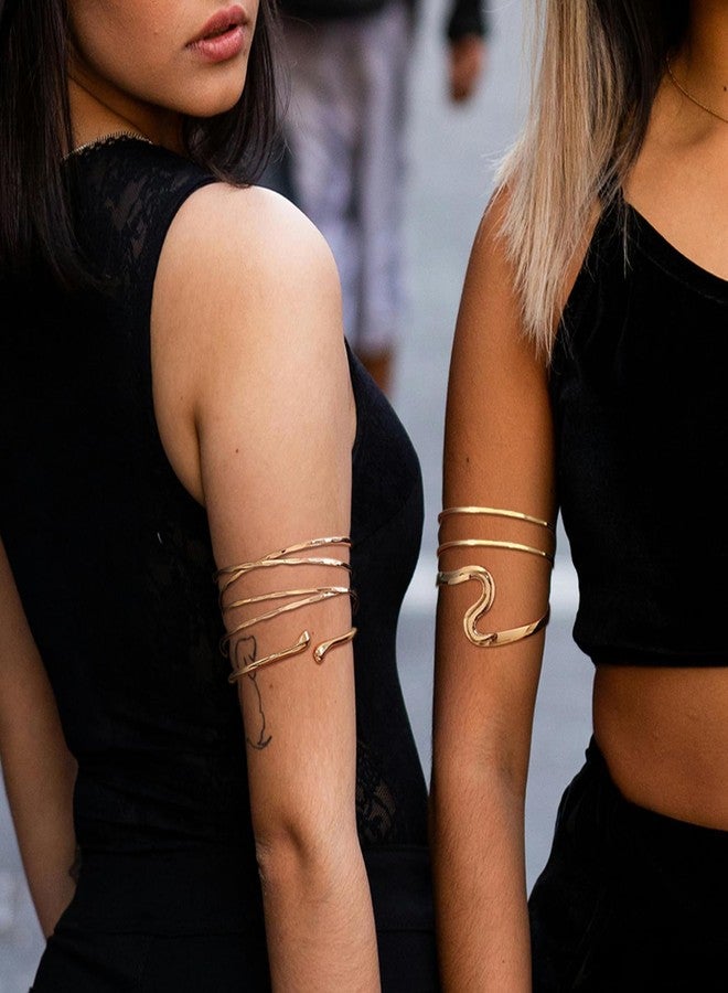 RechicGu 4 Pcs Minimalist Golden Color Arm Cuff Upper Arm Jewelry for Women Adjustable Upper Arms Cuff Bracelet Bangle Stackable Coil Armband Jewelry Set for Women Boho Summer Beach Party Golden B - Image 3
