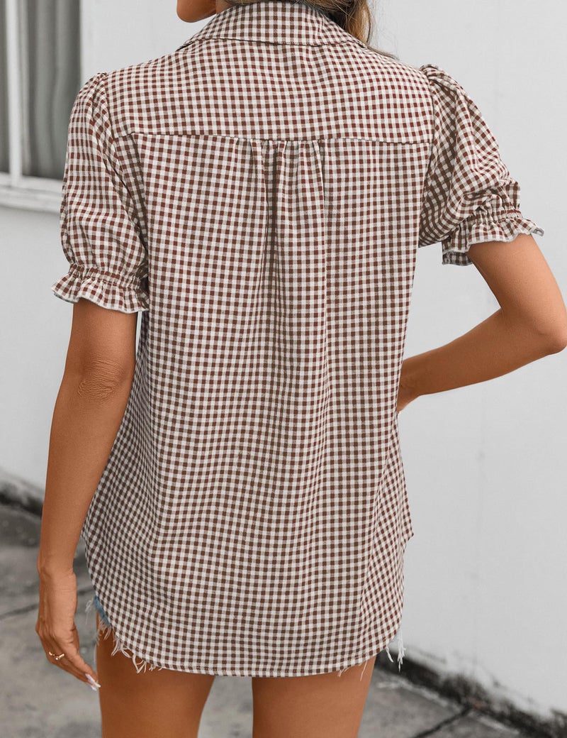 LOMON Checkered Linen Shirts for Women Puff Sleeve Button Down Summer Casual Plaid Blouses Collared Tops - Image 5