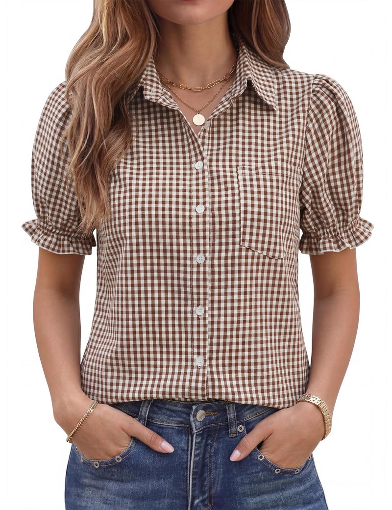LOMON Checkered Linen Shirts for Women Puff Sleeve Button Down Summer Casual Plaid Blouses Collared Tops - Image 1