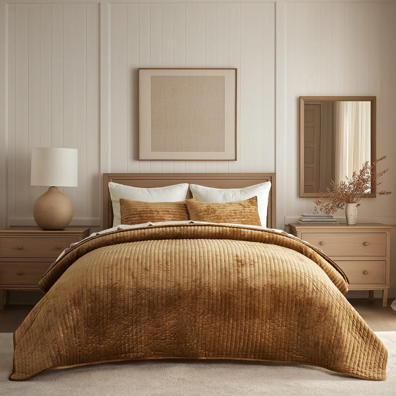 EVERGRACE Velvet Quilt Set Queen Size, Luxurious Soft Striped Channel Bedding Set, Lightweight Velvet Comforter for All Season, Oversized Bedspread Coverlet with 2 Matching Shams, Gold Yellow - Image 1