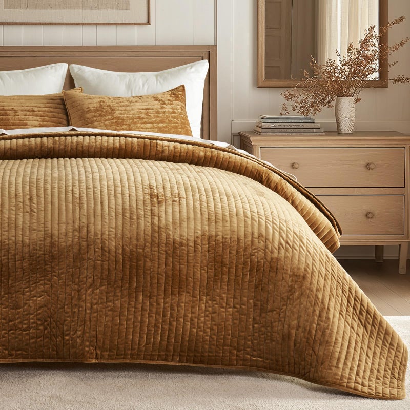 EVERGRACE Velvet Quilt Set Queen Size, Luxurious Soft Striped Channel Bedding Set, Lightweight Velvet Comforter for All Season, Oversized Bedspread Coverlet with 2 Matching Shams, Gold Yellow - Image 2