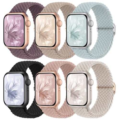 Knossen 6 Pack Braided Stretchy Bands Compatible with Apple Watch Band 38mm 40mm 41mm 42mm 44mm 45mm 46mm 49mm Women Men, Adjustable Nylon Solo Loop Elastic Straps for iWatch Series 11 10 9 8 7 6 5 4 SE Ultra - Image 1