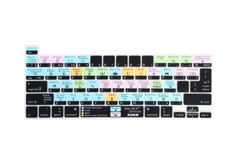 XSKN Mac OS X English Shortcuts Silicone Keyboard Cover Skin for Touch Bar Models 2019 MacBook Pro 16 inch A2141 2020 MacBook Pro 13.3 inch A2251 A2289 A2338 M1 Keyboard US&EU Version - Image 1