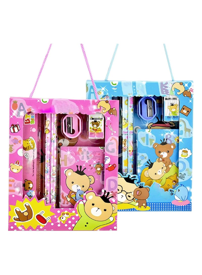 general Kids Stationery Set, 2 Piece Bear Stationery Set Girls Aesthetic Blue and Pink Stationery Box 5 in 1 Cartoon Pencil Eraser Student Set - Image 1