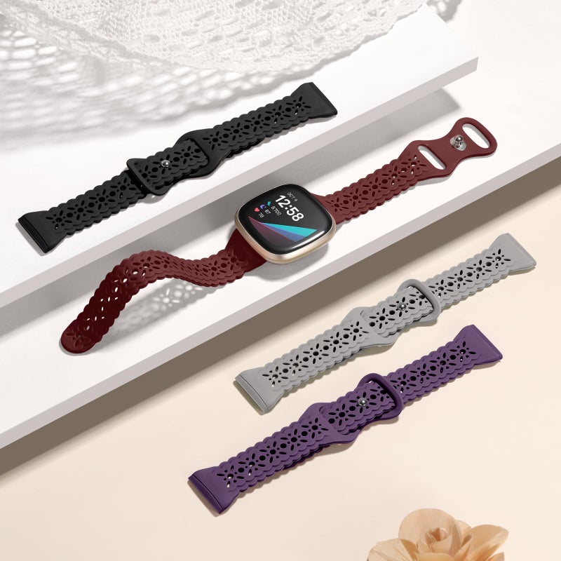 Dirrelo 4 pack Lace Silicone Band Compatible for Fitbit Sense Bands/Fitbit Versa 3 Bands/Fitbit Versa 4 Bands/Fitbit Sense 2 Bands Women,Soft Thin Hollow-out Sport Watch Strap Replacement Wristband - Image 3