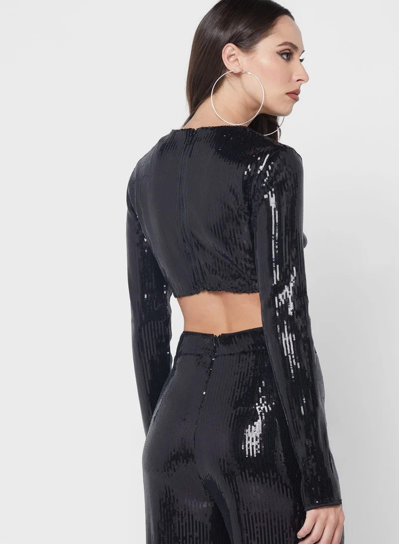 kaiia Sequin Detail Crop Top